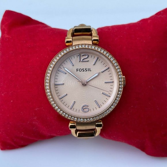 Fossil Ladies Watch GEORGIA Gold Tone Analog Crystals Accent Bezel Wrist Watch - Picture 2 of 12